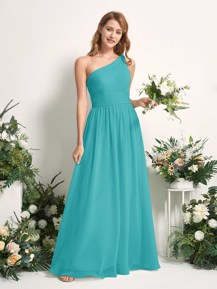 Bridesmaid Dress A-line Chiffon One Shoulder Full Length Sleeveless Wedding Party Dress - Turquoise (81226723)