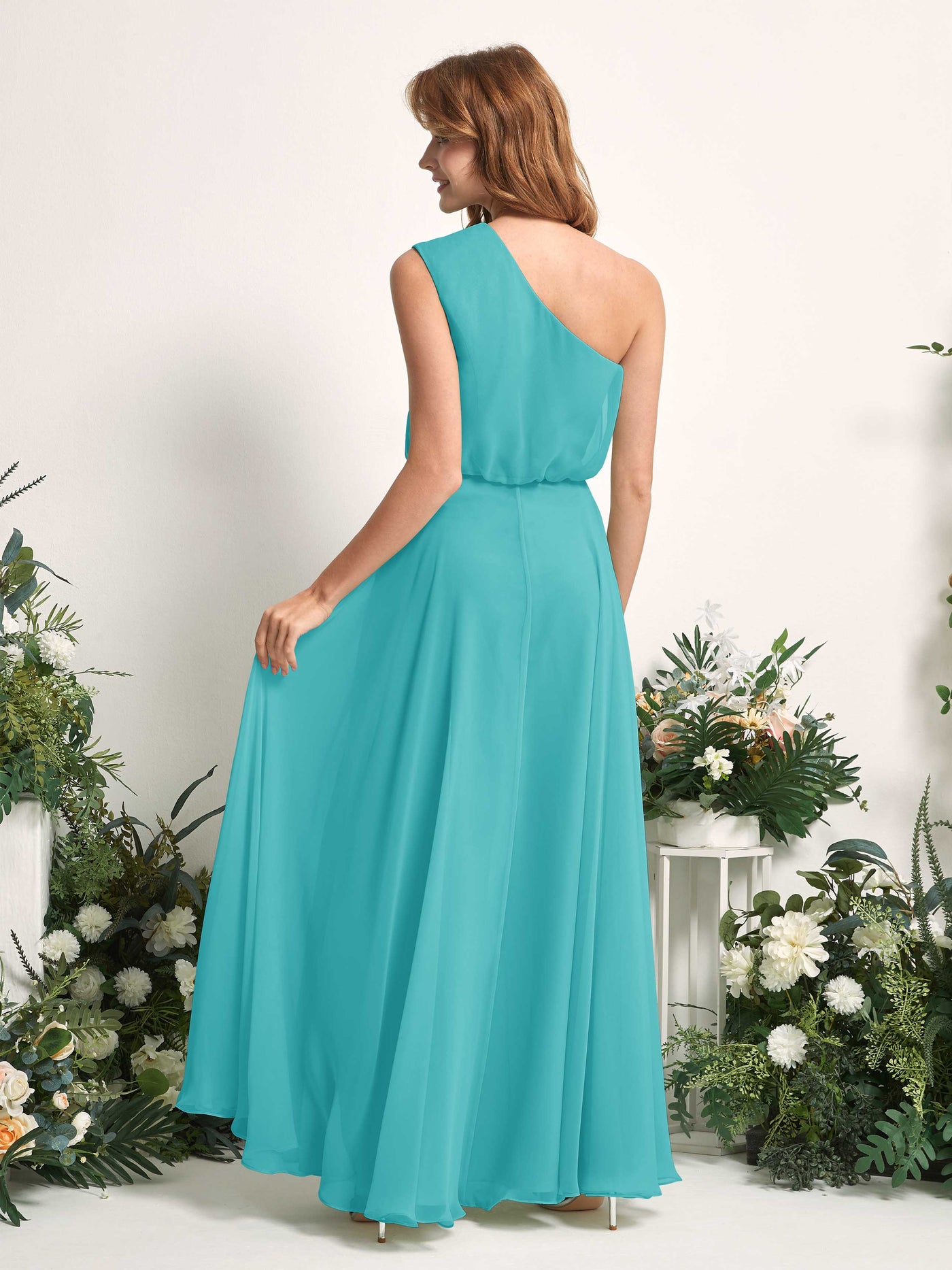 Bridesmaid Dress A-line Chiffon One Shoulder Full Length Sleeveless Wedding Party Dress - Turquoise (81226823)#color_turquoise