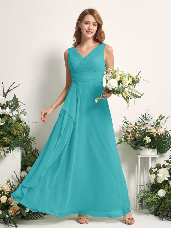 Bridesmaid Dress A-line Chiffon V-neck Full Length Sleeveless Wedding Party Dress - Turquoise (81227123)