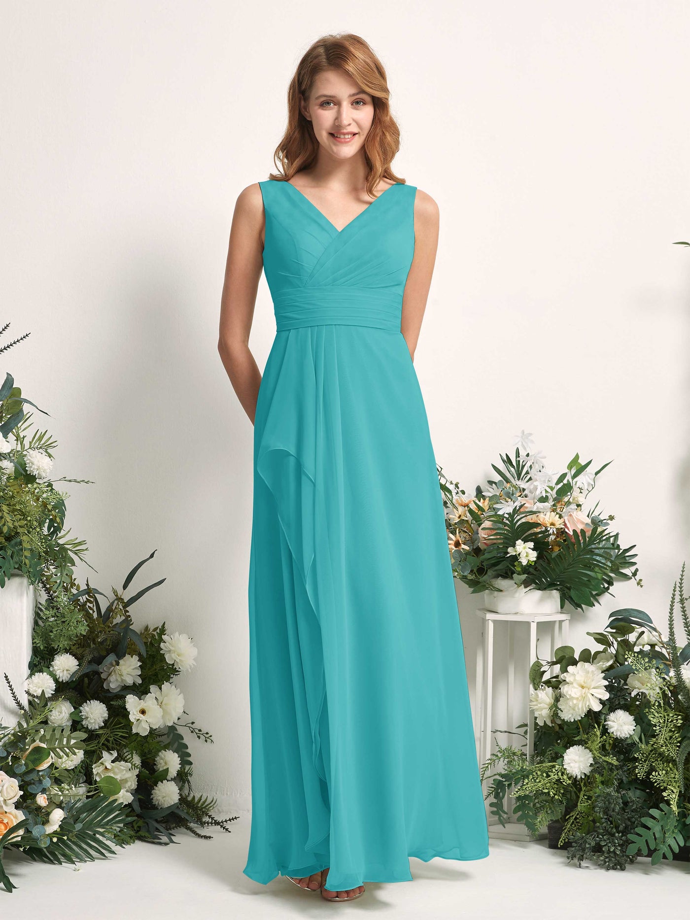 Bridesmaid Dress A-line Chiffon V-neck Full Length Sleeveless Wedding Party Dress - Turquoise (81227123)#color_turquoise