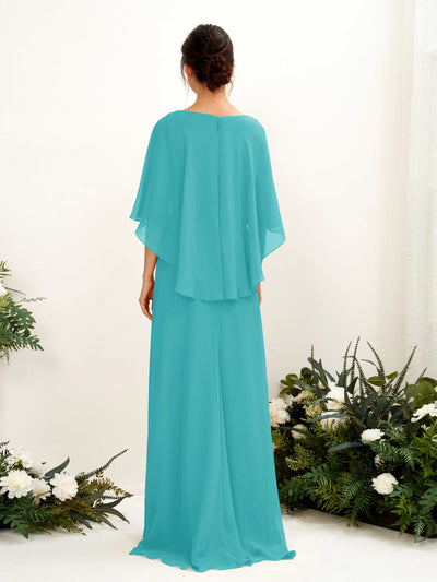 Carlyna Savin Sheath Turquoise Bridesmaid Dress Maxi Cap Sleeve Boat Neck Dress Back View #color_turquoise