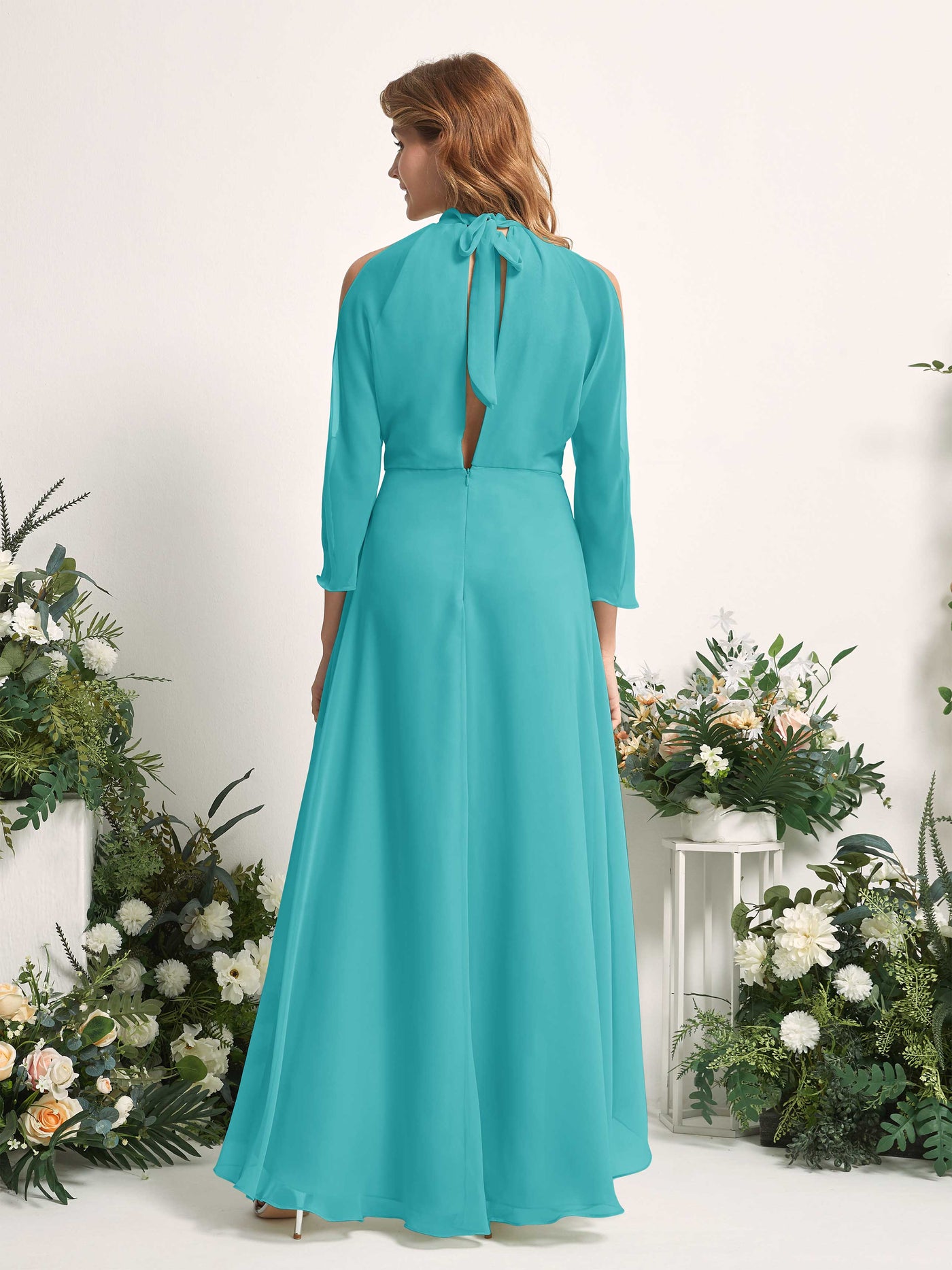 Bridesmaid Dress A-line Chiffon Halter High Low 3/4 Sleeves Wedding Party Dress - Turquoise (81227623)#color_turquoise