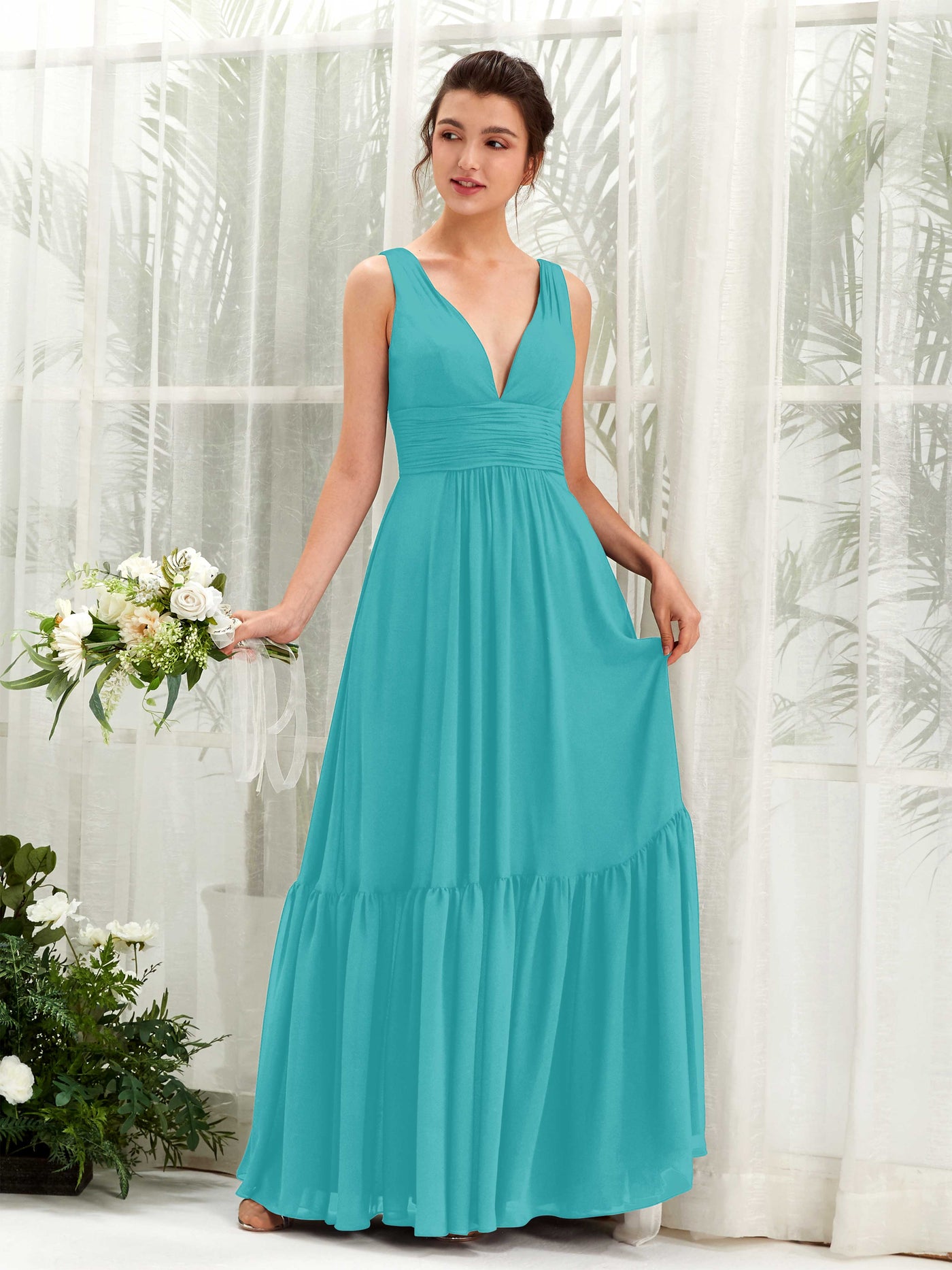 Turquoise Bridesmaid Dresses Bridesmaid Dress A-line Chiffon Straps Full Length Sleeveless Wedding Party Dress (80223723)#color_turquoise