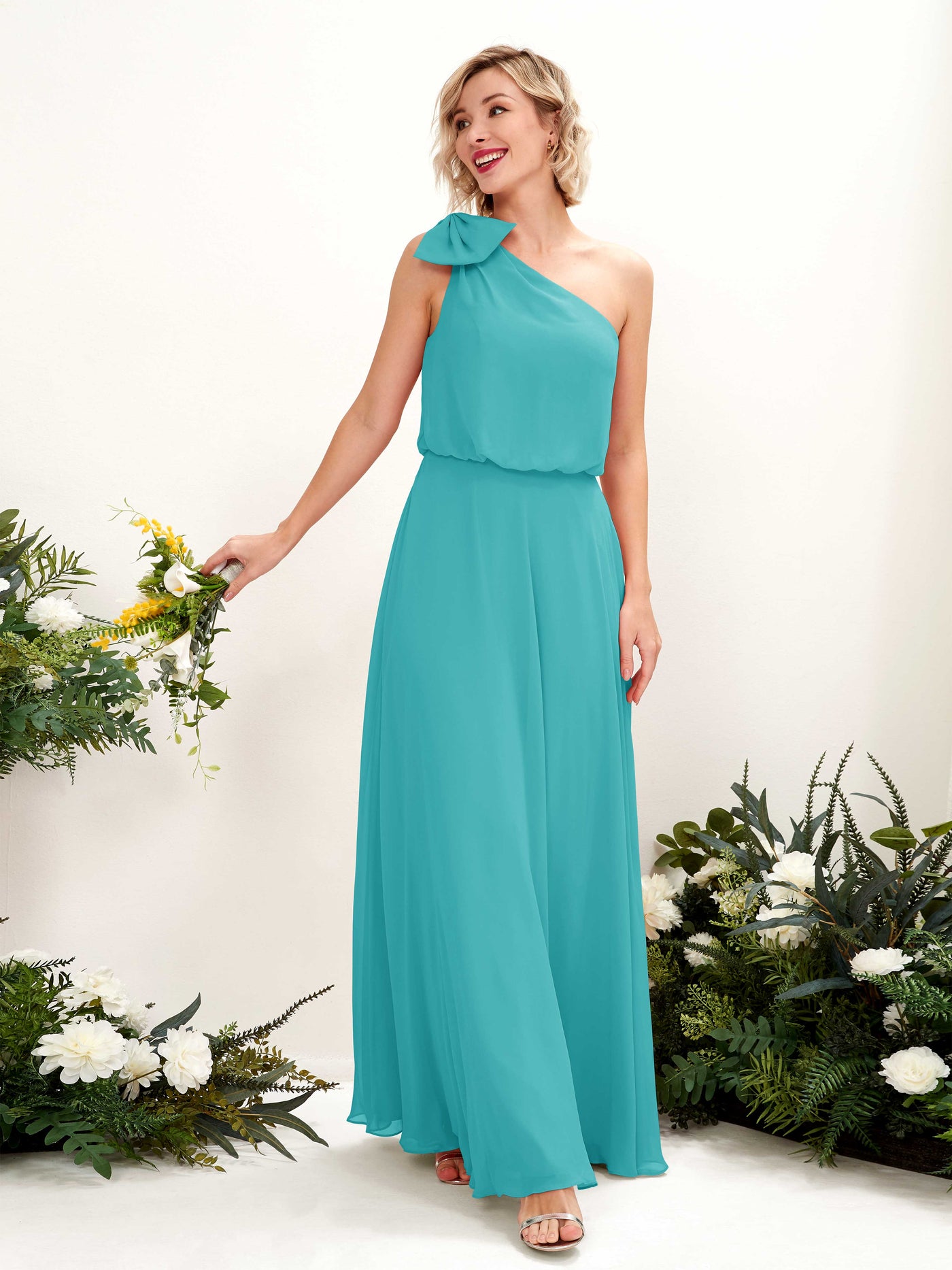 Turquoise Bridesmaid Dresses Bridesmaid Dress A-line Chiffon One Shoulder Full Length Sleeveless Wedding Party Dress (81225523)#color_turquoise