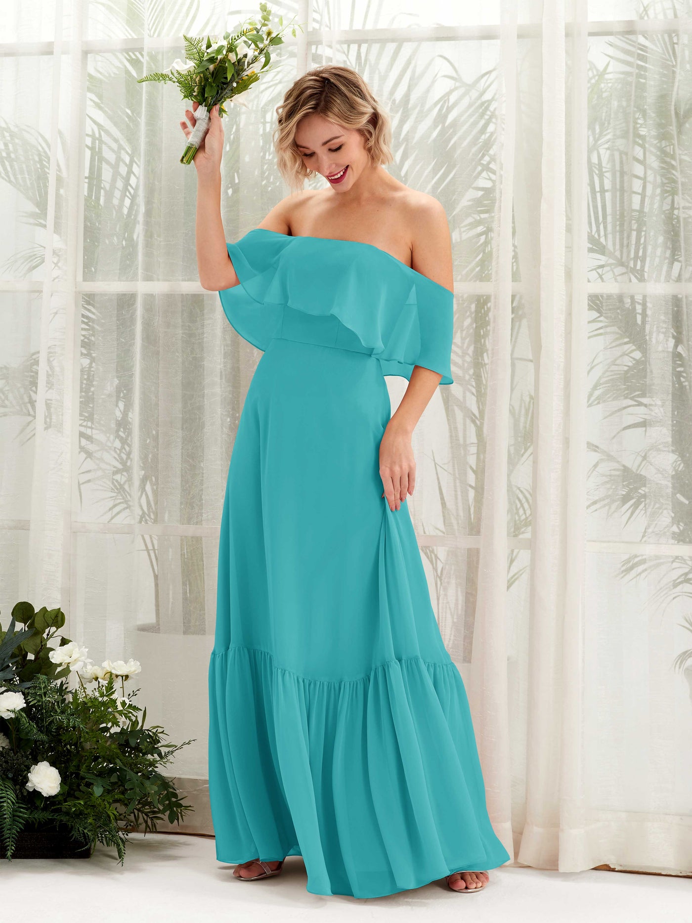 Turquoise Bridesmaid Dresses Bridesmaid Dress A-line Chiffon Off Shoulder Full Length Sleeveless Wedding Party Dress (81224523)#color_turquoise