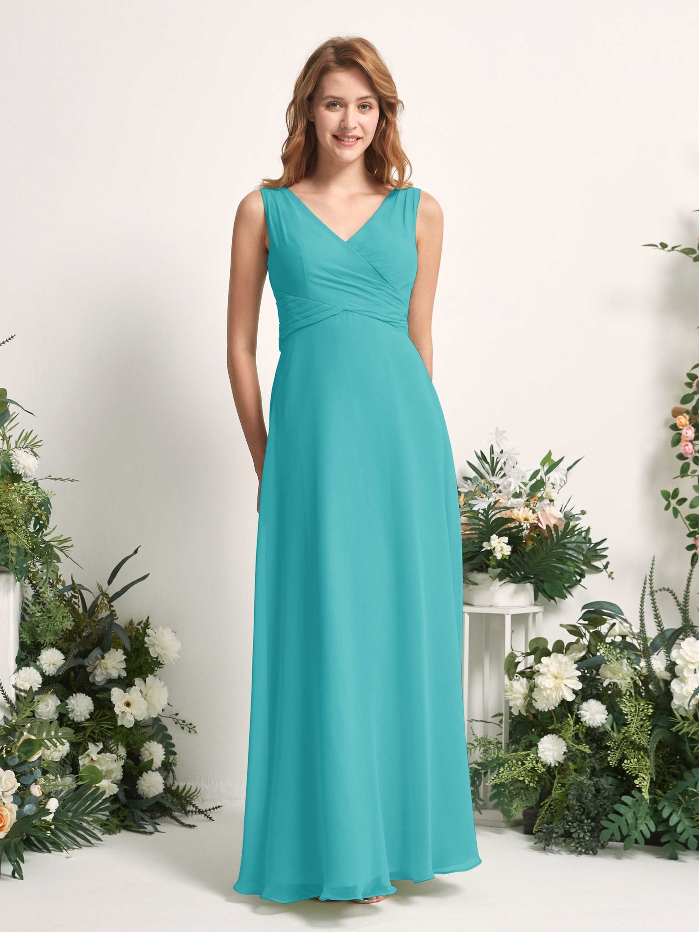 Bridesmaid Dress A-line Chiffon Straps Full Length Sleeveless Wedding Party Dress - Turquoise (81227323)#color_turquoise