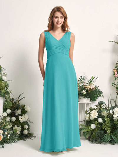 Carlyna June A-Line Turquoise Bridesmaid Dress Maxi Sleeveless V-Neck Dress Front View #color_turquoise