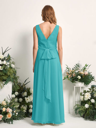 Carlyna June A-Line Turquoise Bridesmaid Dress Maxi Sleeveless V-Neck Dress Back View #color_turquoise
