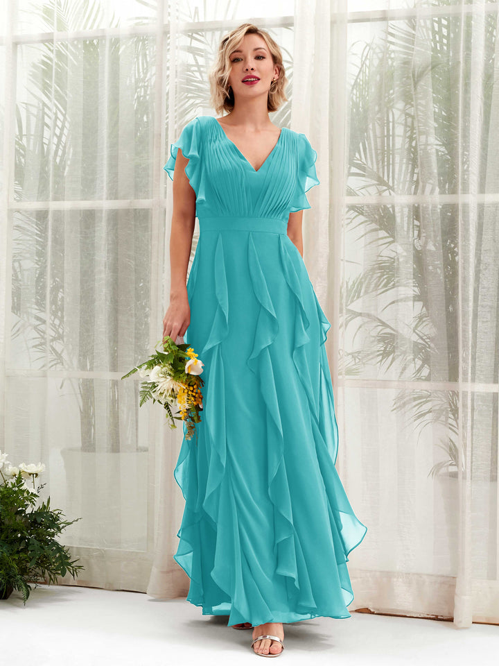 A-line Open back V-neck Short Sleeves Chiffon Bridesmaid Dress - Turquoise (81226023)