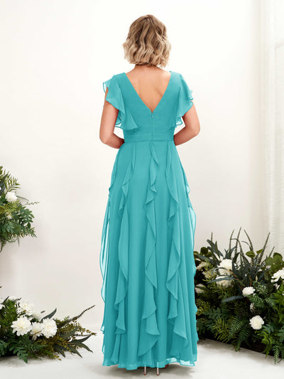 Carlyna Cynthia A-Line Turquoise Bridesmaid Dress Maxi Cap Sleeve V-Neck Dress Back View #color_turquoise
