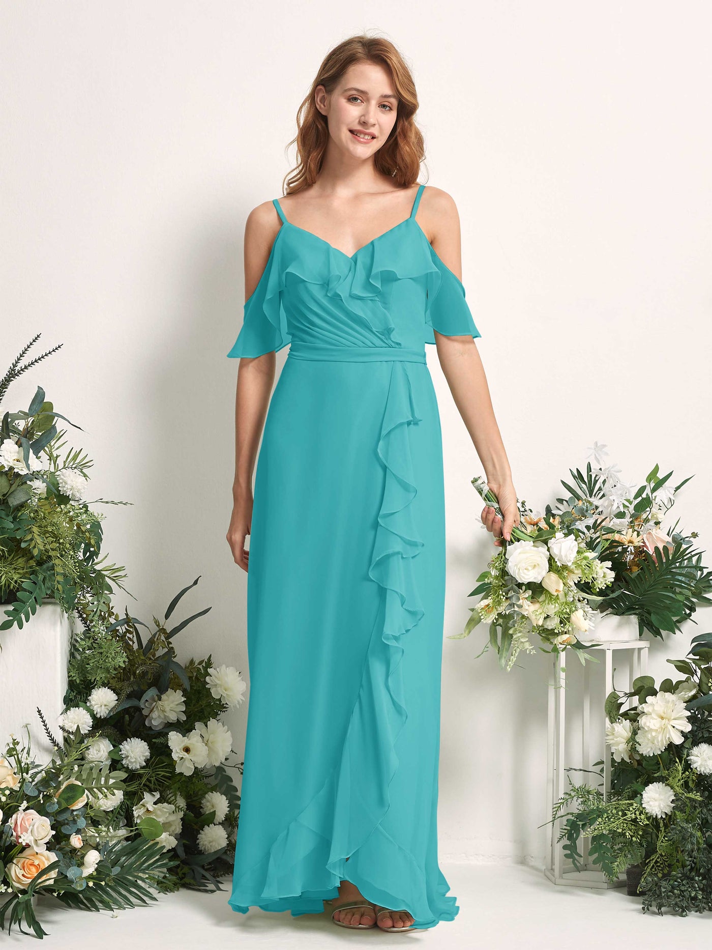 Bridesmaid Dress A-line Chiffon Spaghetti-straps Full Length Sleeveless Wedding Party Dress - Turquoise (81227423)#color_turquoise