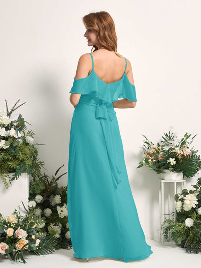 Carlyna Yvette A-Line Turquoise Bridesmaid Dress Maxi Sleeveless V-Neck Dress Back View #color_turquoise