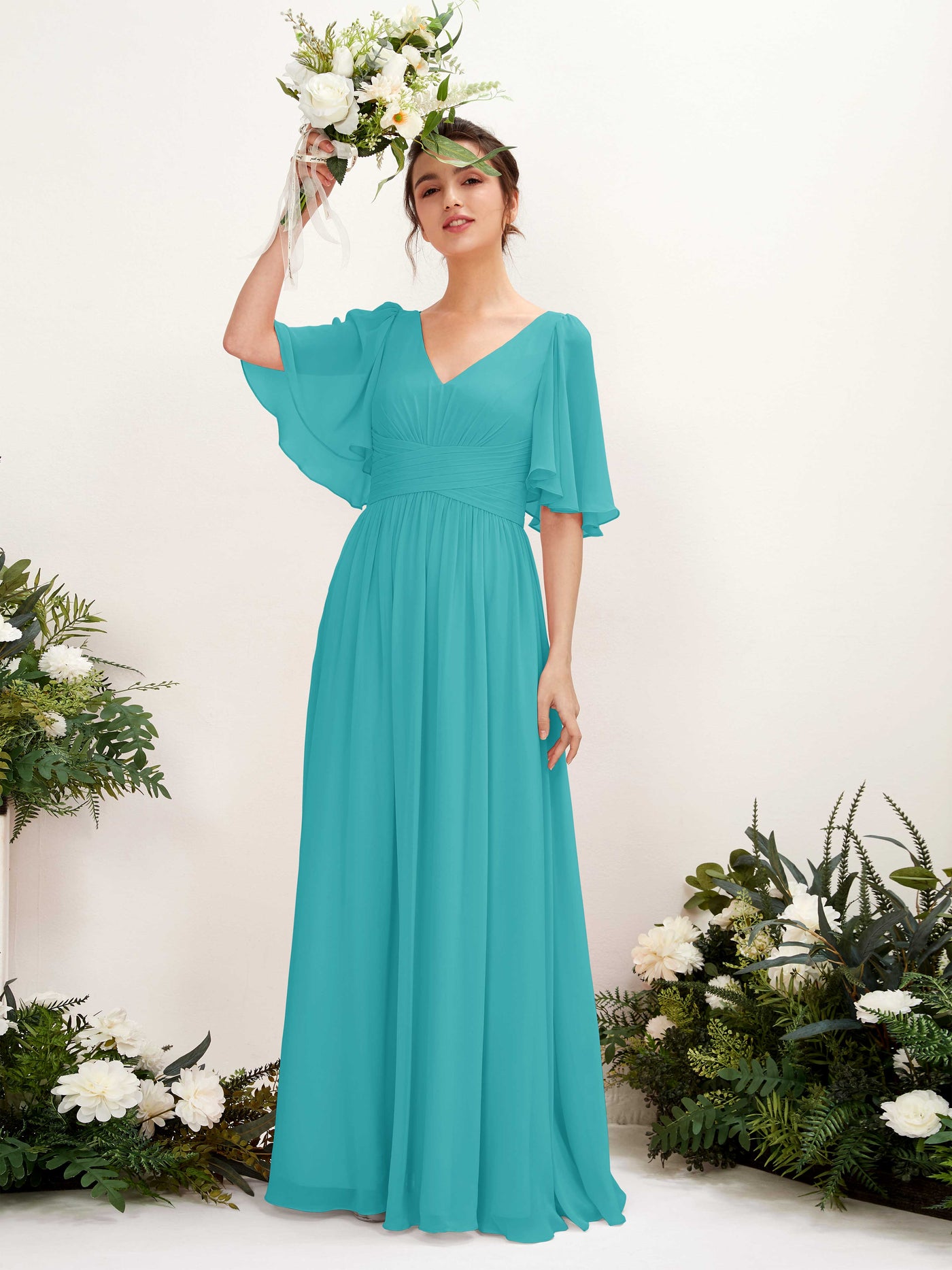 Turquoise Bridesmaid Dresses Bridesmaid Dress A-line Chiffon V-neck Full Length 1/2 Sleeves Wedding Party Dress (81221623)#color_turquoise