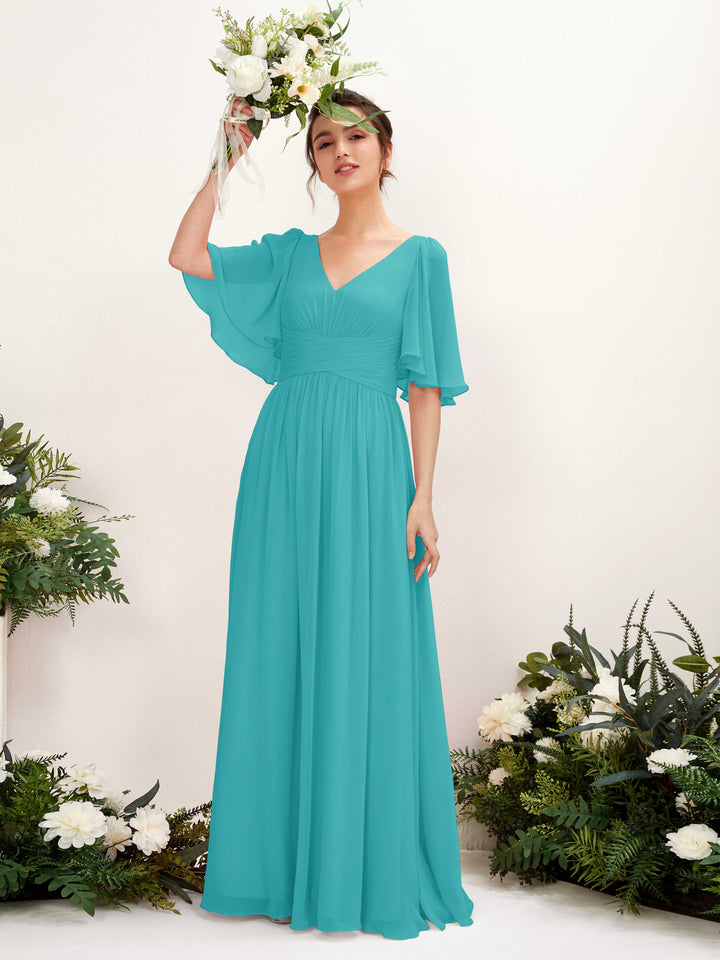 Turquoise Bridesmaid Dresses Bridesmaid Dress A-line Chiffon V-neck Full Length 1/2 Sleeves Wedding Party Dress (81221623)