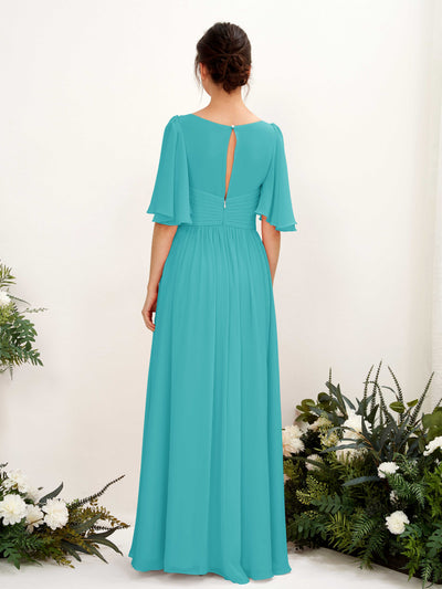 Carlyna Odette A-Line Turquoise Bridesmaid Dress Maxi Short Sleeve V-Neck Dress Back View #color_turquoise