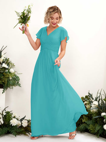 Turquoise Bridesmaid Dresses Bridesmaid Dress A-line Chiffon V-neck Full Length Short Sleeves Wedding Party Dress (81224323)#color_turquoise