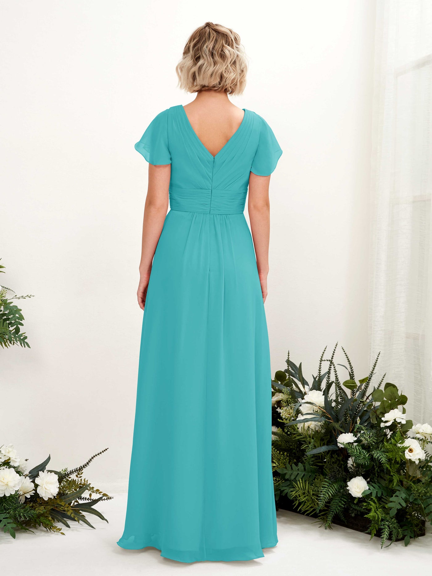 Turquoise Bridesmaid Dresses Bridesmaid Dress A-line Chiffon V-neck Full Length Short Sleeves Wedding Party Dress (81224323)#color_turquoise