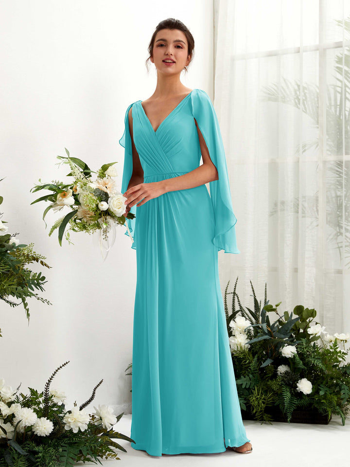 Turquoise Bridesmaid Dresses Bridesmaid Dress A-line Chiffon Straps Full Length Long Sleeves Wedding Party Dress (80220123)