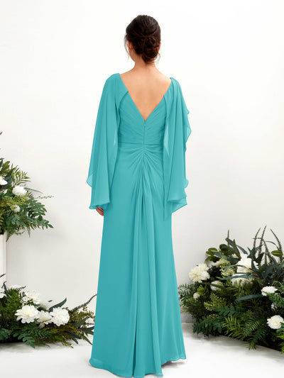 Carlyna Alain A-Line Turquoise Bridesmaid Dress Maxi Cap Sleeve V-Neck Dress Back View #color_turquoise