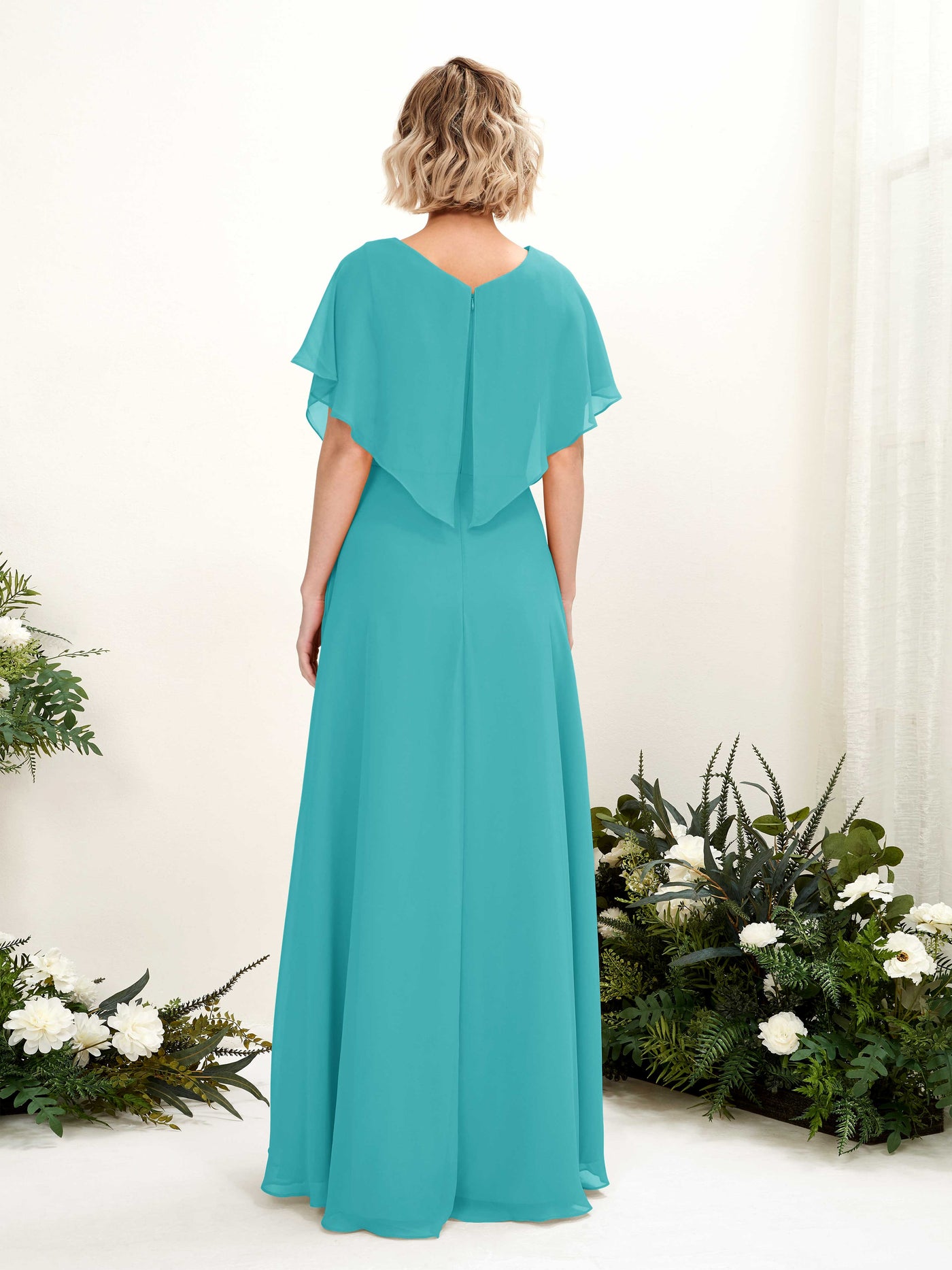 Turquoise Bridesmaid Dresses Bridesmaid Dress A-line Chiffon V-neck Full Length Short Sleeves Wedding Party Dress (81222123)#color_turquoise