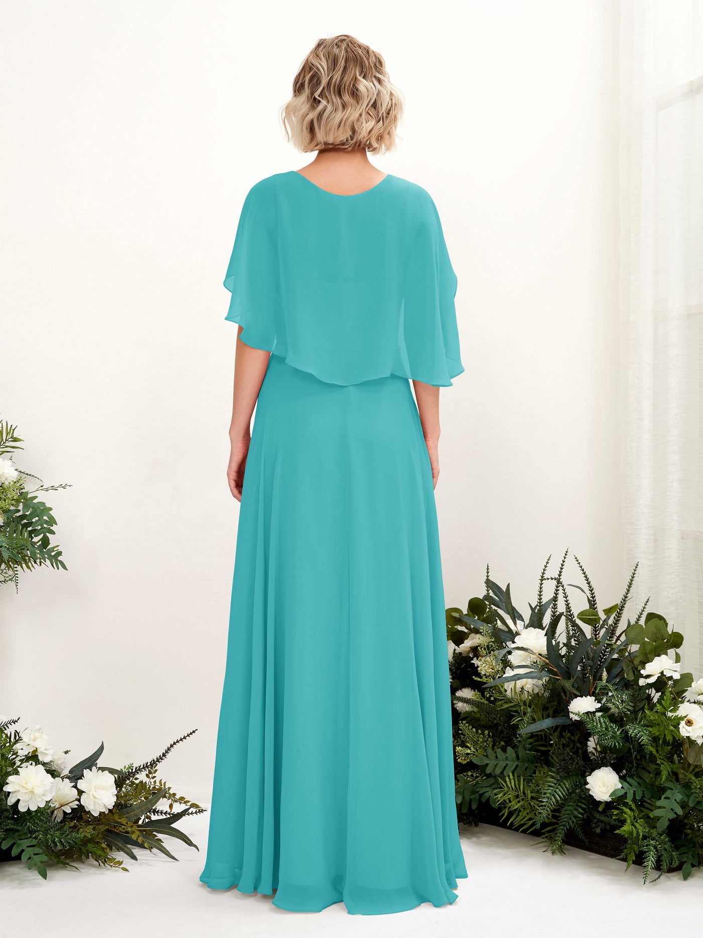 Turquoise Bridesmaid Dresses Bridesmaid Dress A-line Chiffon V-neck Full Length Short Sleeves Wedding Party Dress (81224423)#color_turquoise