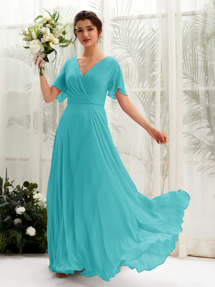 Turquoise Bridesmaid Dresses Bridesmaid Dress A-line Chiffon V-neck Full Length Short Sleeves Wedding Party Dress (81224623)