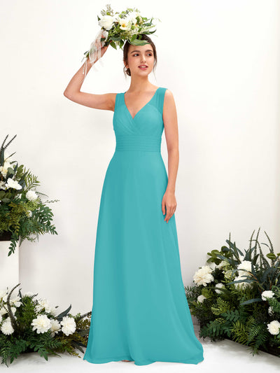 Carlyna Karen A-Line Turquoise Bridesmaid Dress Maxi Sleeveless V-Neck Dress Front View #color_turquoise