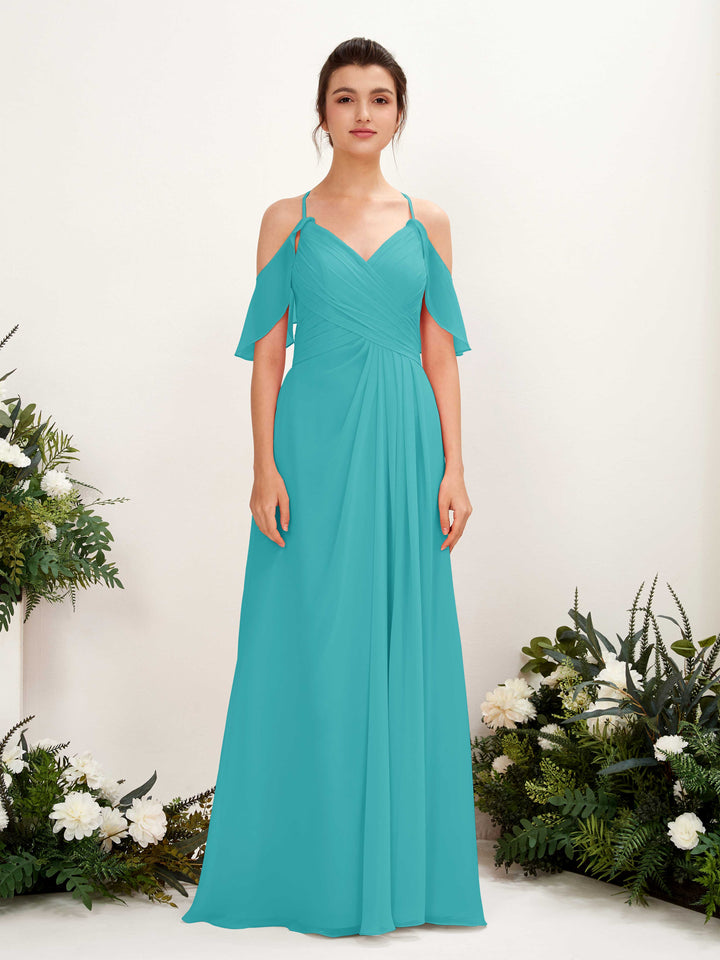 Ball Gown Off Shoulder Spaghetti-straps Chiffon Bridesmaid Dress - Turquoise (81221723)
