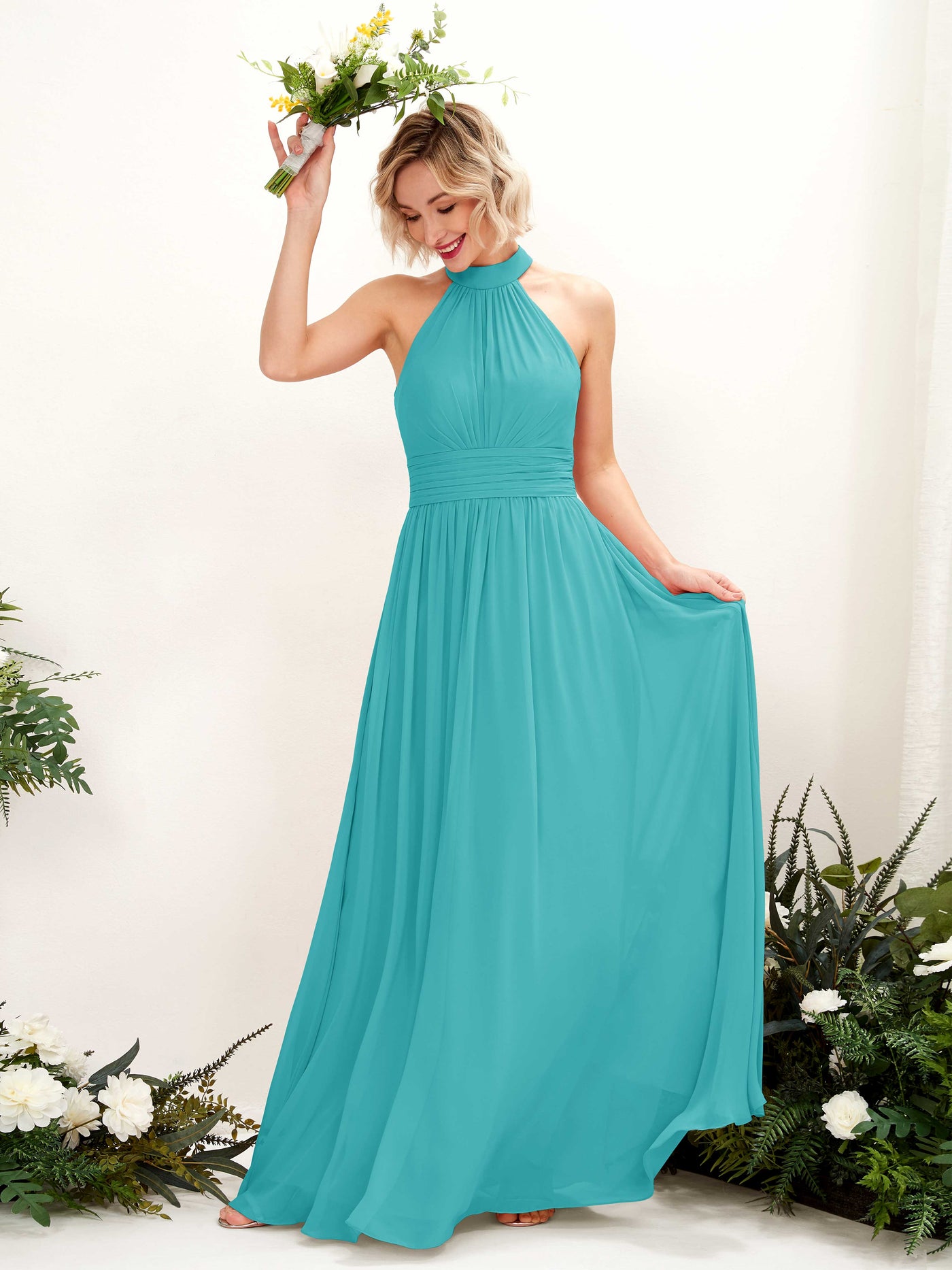 Turquoise Bridesmaid Dresses Bridesmaid Dress A-line Chiffon Halter Full Length Sleeveless Wedding Party Dress (81225323)#color_turquoise