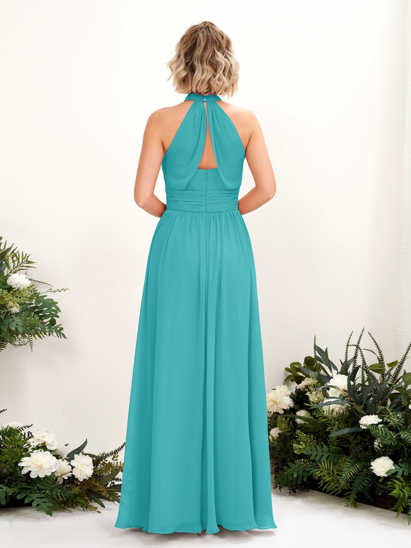 Turquoise Bridesmaid Dresses Bridesmaid Dress A-line Chiffon Halter Full Length Sleeveless Wedding Party Dress (81225323)#color_turquoise