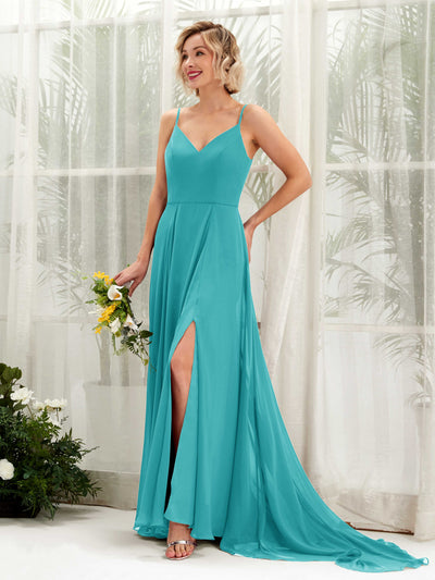 Carlyna Mana A-Line Turquoise Bridesmaid Dress Maxi Sleeveless V-Neck Dress Front View #color_turquoise