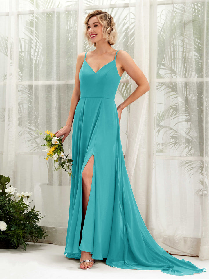 Turquoise Bridesmaid Dresses Bridesmaid Dress A-line Chiffon V-neck Full Length Sleeveless Wedding Party Dress (81224123)