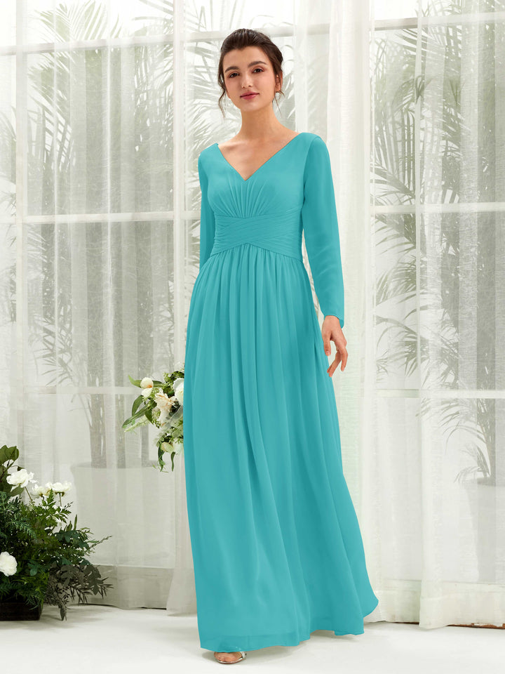 Turquoise Bridesmaid Dresses Bridesmaid Dress A-line Chiffon V-neck Full Length Long Sleeves Wedding Party Dress (81220323)