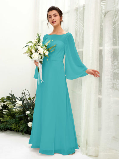 Turquoise Bridesmaid Dresses Bridesmaid Dress A-line Chiffon Bateau Full Length Long Sleeves Wedding Party Dress (81220523)#color_turquoise