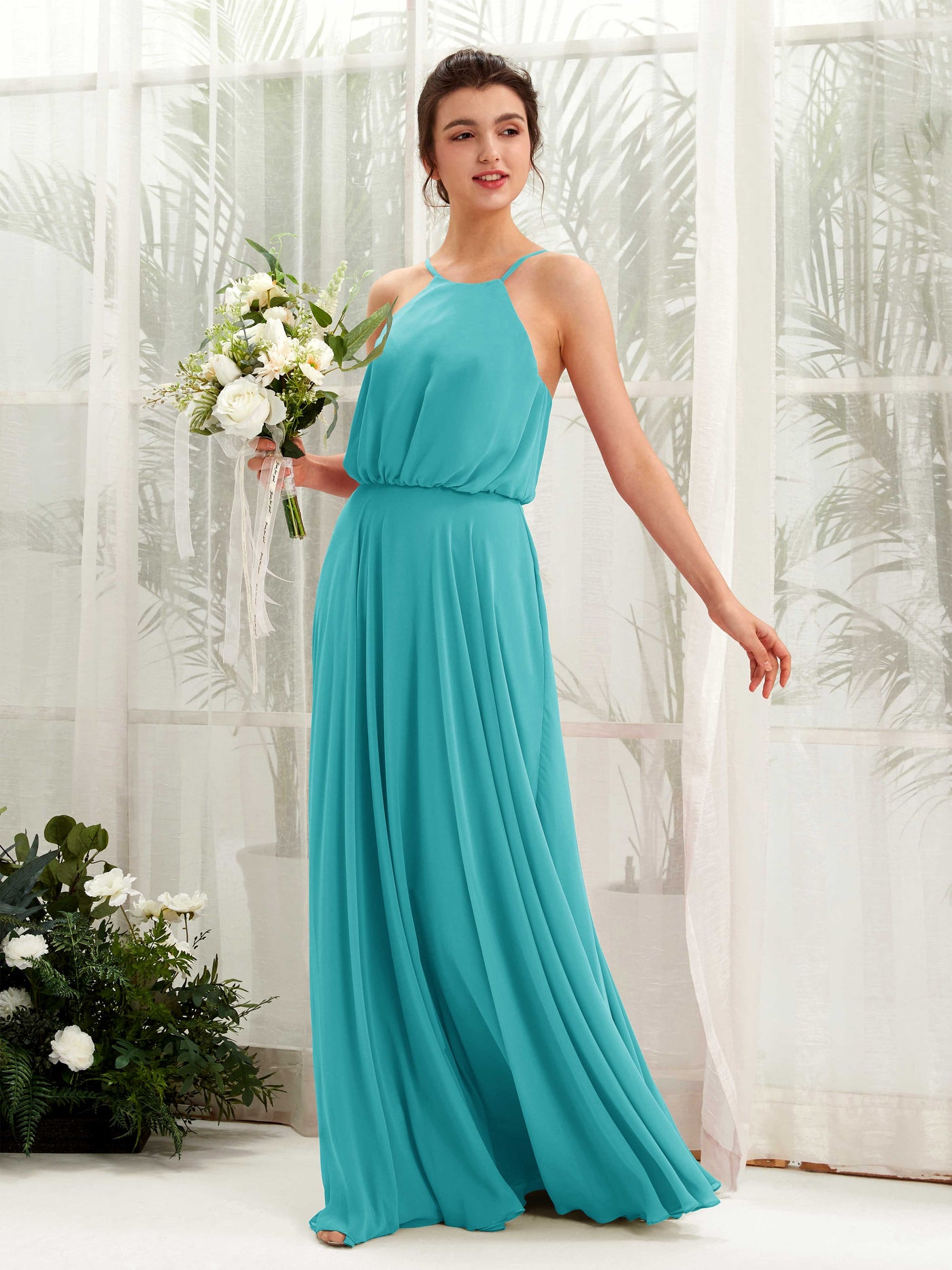 Turquoise Bridesmaid Dresses Bridesmaid Dress Ball Gown Chiffon Halter Full Length Sleeveless Wedding Party Dress (81223423)#color_turquoise