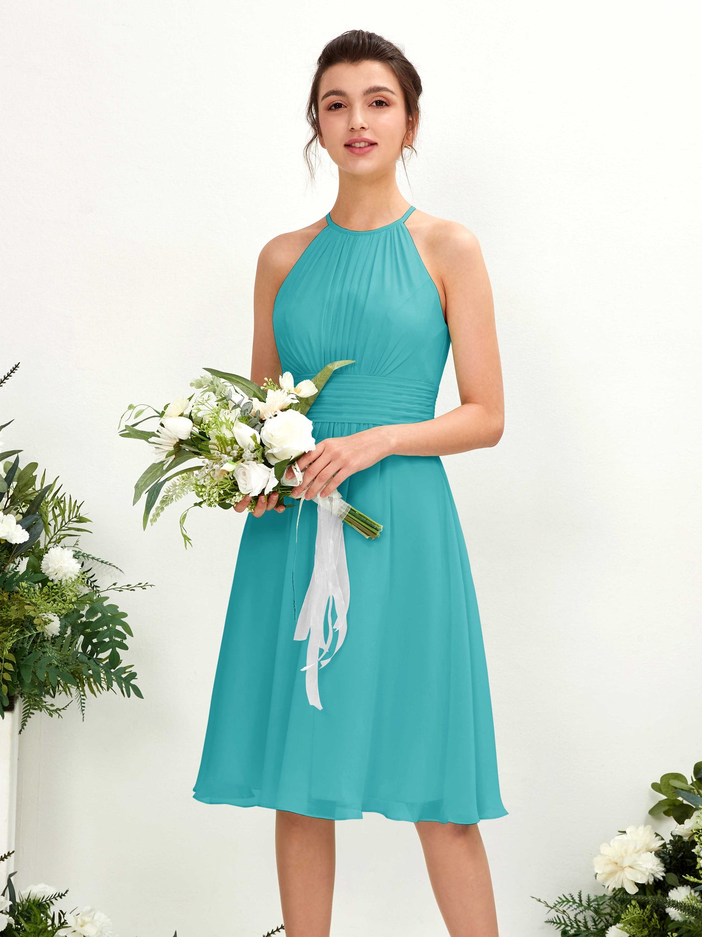 Turquoise Bridesmaid Dresses Bridesmaid Dress A-line Chiffon Halter Knee Length Sleeveless Wedding Party Dress (81220123)#color_turquoise
