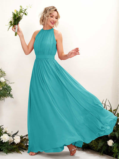 Turquoise Bridesmaid Dresses Bridesmaid Dress A-line Chiffon Halter Full Length Sleeveless Wedding Party Dress (81223123)#color_turquoise