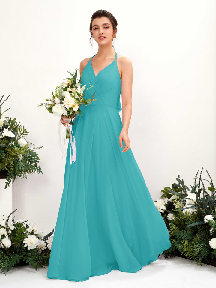 Halter V-neck Sleeveless Chiffon Bridesmaid Dress - Turquoise (81221023)