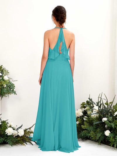Carlyna Launo A-Line Turquoise Bridesmaid Dress Maxi Sleeveless V-Neck Dress Back View #color_turquoise
