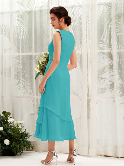 Carlyna Raina Mermaid Turquoise Bridesmaid Dress Midi Sleeveless Round Neck Dress Back View #color_turquoise
