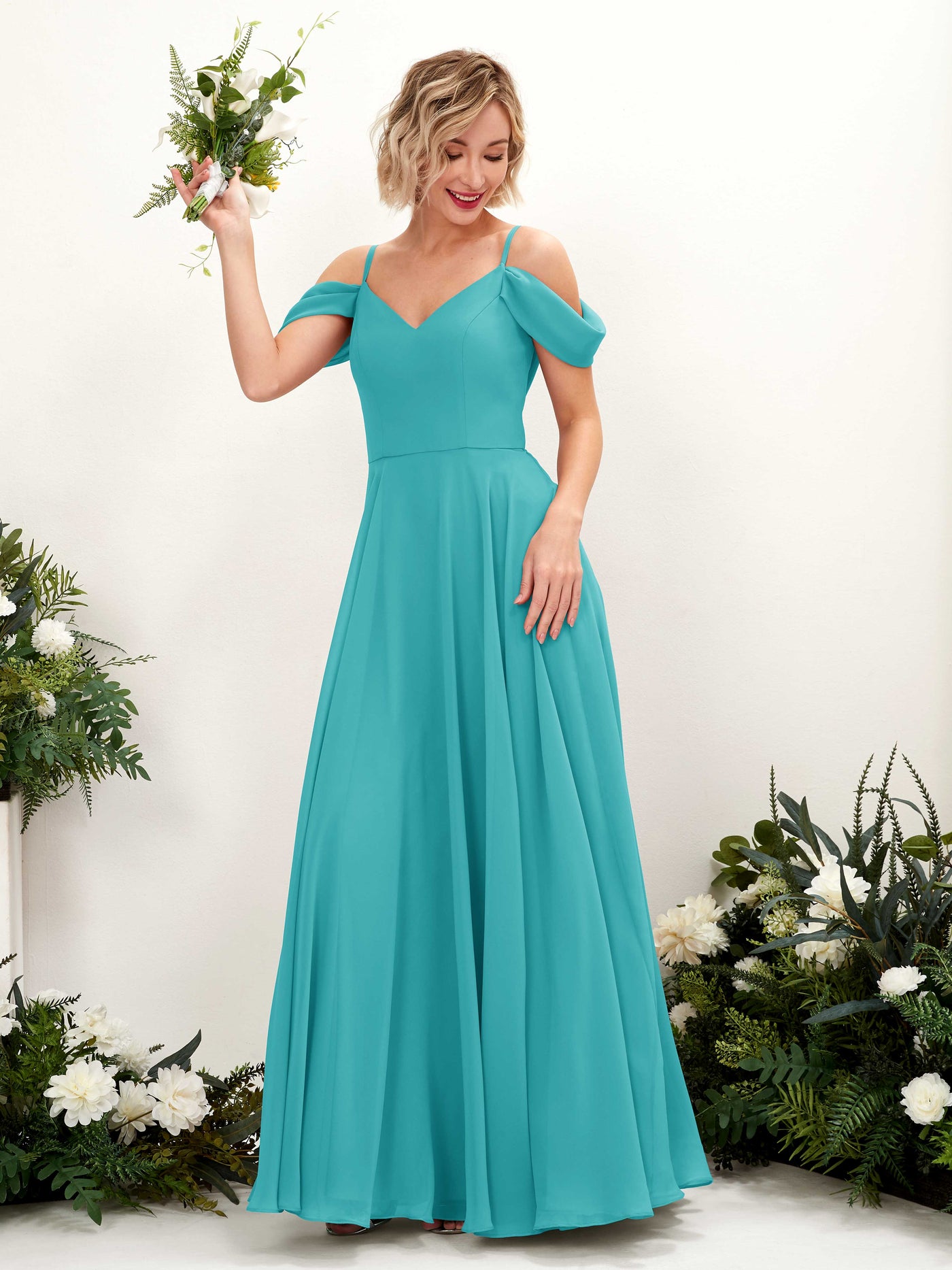 Turquoise Bridesmaid Dresses Bridesmaid Dress A-line Chiffon Off Shoulder Full Length Sleeveless Wedding Party Dress (81224923)#color_turquoise