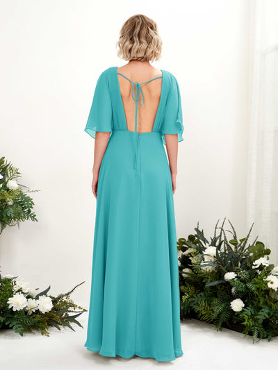 Carlyna Dhea A-Line Turquoise Bridesmaid Dress Maxi Short Sleeve V-Neck Dress Back View #color_turquoise