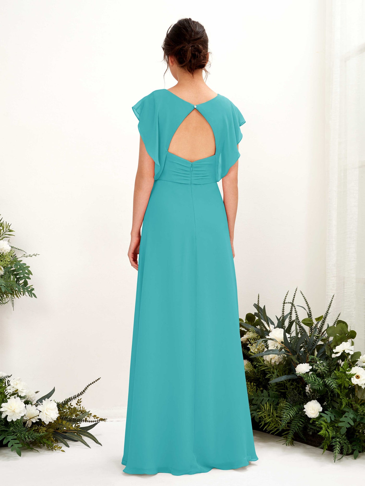 Turquoise Bridesmaid Dresses Bridesmaid Dress A-line Chiffon V-neck Full Length Short Sleeves Wedding Party Dress (81225623)#color_turquoise