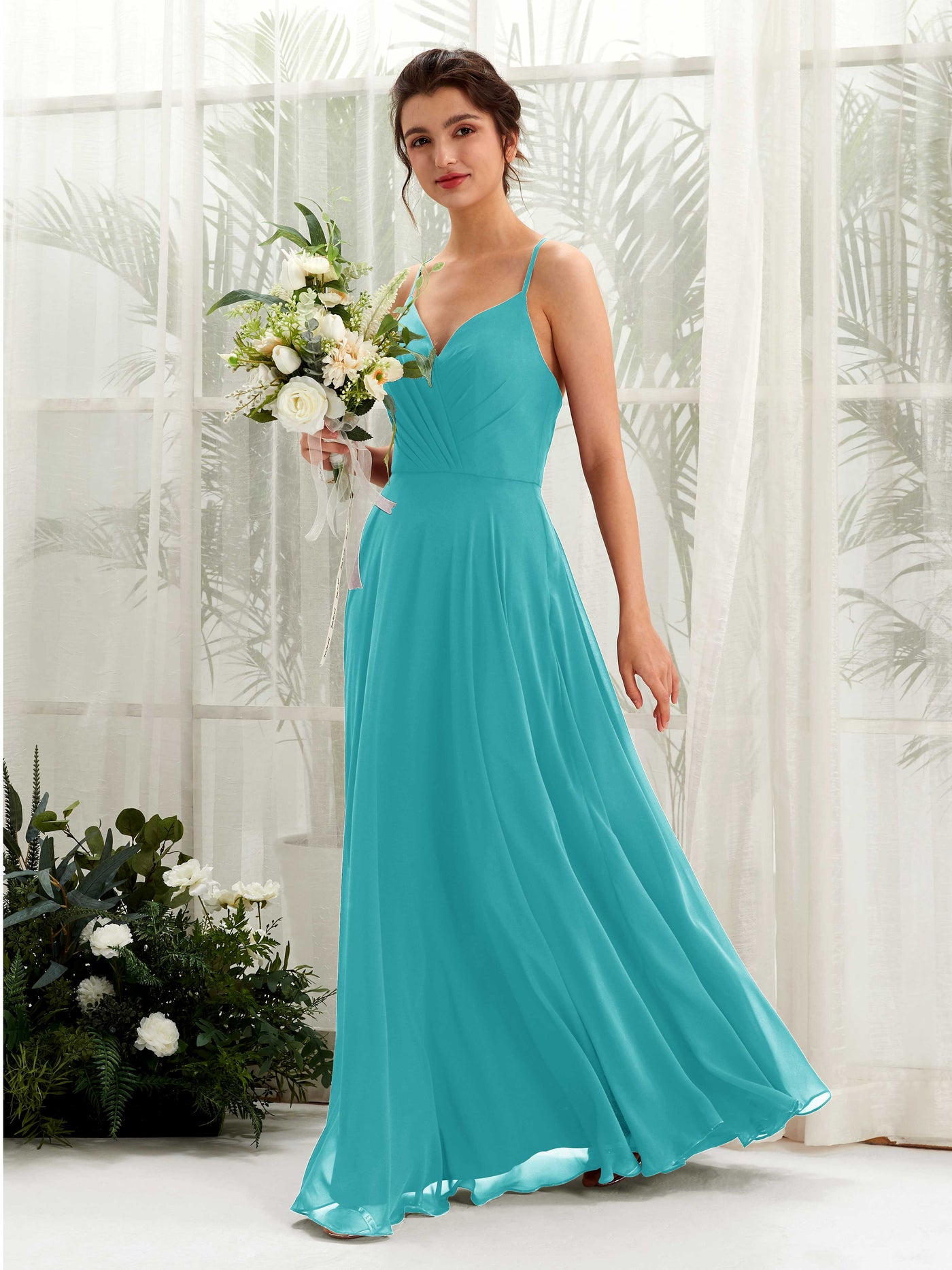 Turquoise Bridesmaid Dresses Bridesmaid Dress Chiffon Spaghetti-straps Full Length Sleeveless Wedding Party Dress (81224223)#color_turquoise