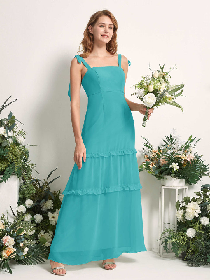 Bridesmaid Dress Chiffon Straps Full Length Sleeveless Wedding Party Dress - Turquoise (81227523)