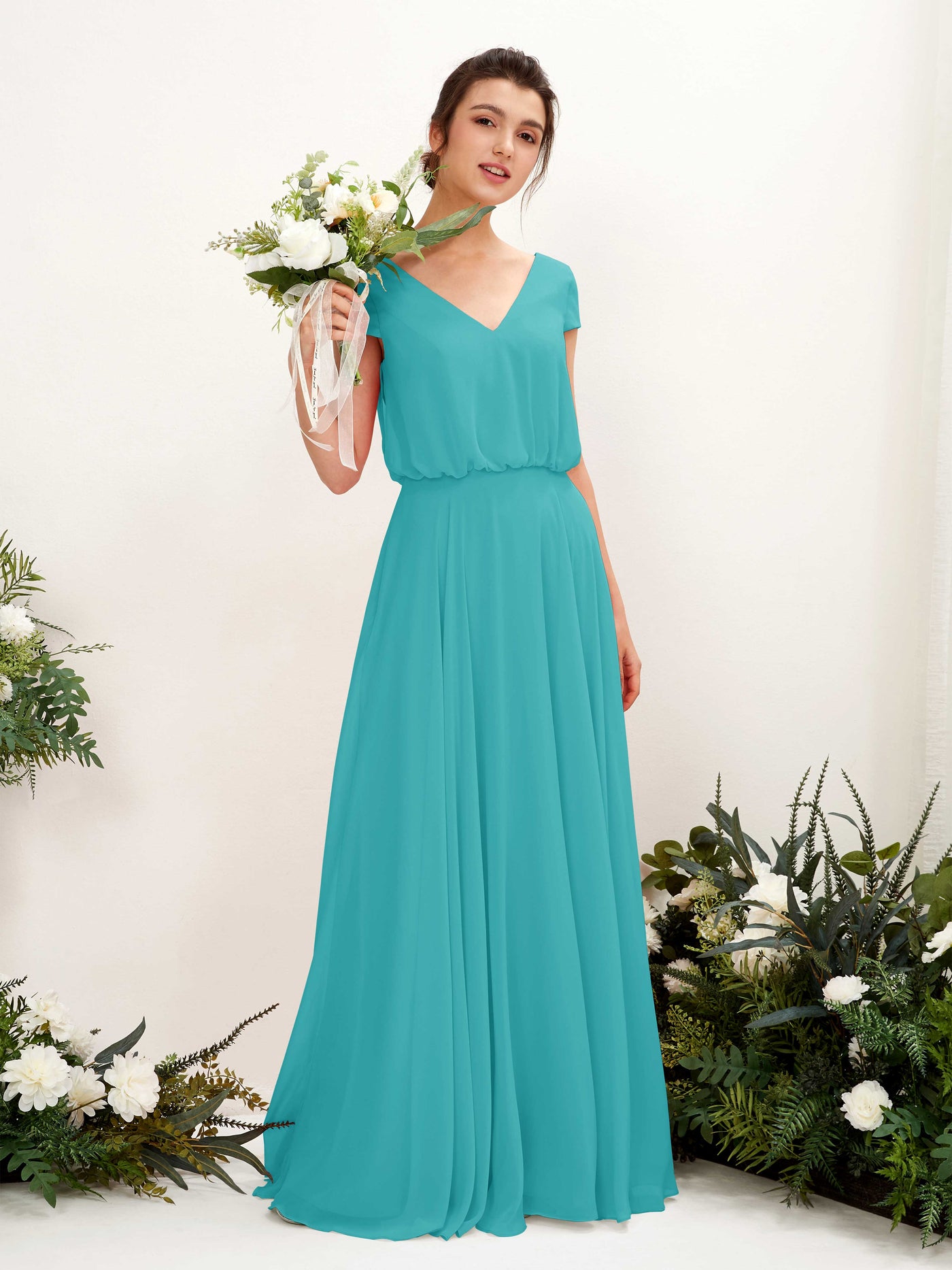 Turquoise Bridesmaid Dresses Bridesmaid Dress A-line Chiffon V-neck Full Length Short Sleeves Wedding Party Dress (81221823)#color_turquoise