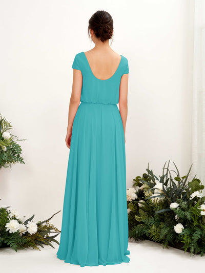 Carlyna Pauline A-Line Turquoise Bridesmaid Dress Maxi Cap Sleeve V-Neck Dress Back View #color_turquoise