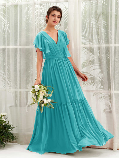 Turquoise Bridesmaid Dresses Bridesmaid Dress A-line Chiffon V-neck Full Length Short Sleeves Wedding Party Dress (81225923)#color_turquoise