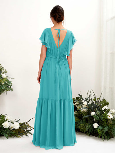 Carlyna Chaya A-Line Turquoise Bridesmaid Dress Maxi Cap Sleeve V-Neck Dress Back View #color_turquoise