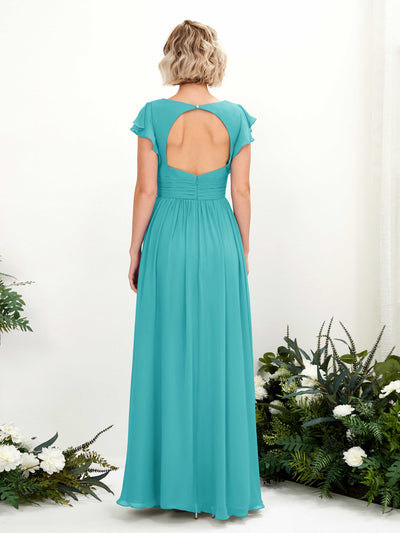 Carlyna Grino A-Line Turquoise Bridesmaid Dress Maxi Cap Sleeve V-Neck Dress Back View #color_turquoise